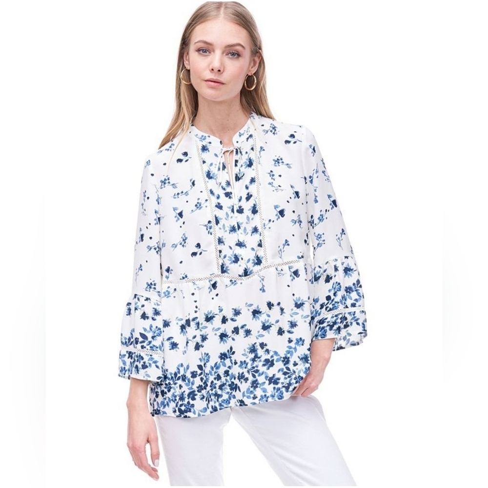Fever Size Large Women's Long Bell Sleeves Blue & White Floral Peplum Top
